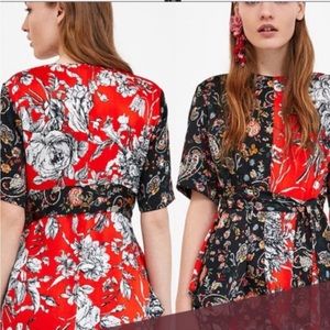 Zara Floral Paisley Mixed Print Satin Top Blouse Asymmetric Tie Waist Sz S